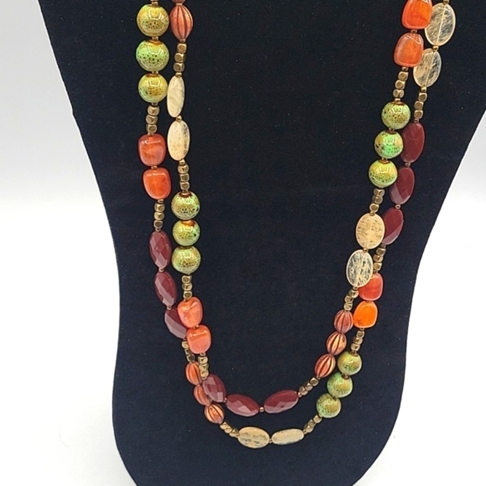 Premier Design Single Strand Beades NECKLACE Bronze Sage Rust Cream Maroon - Picture 2 of 5